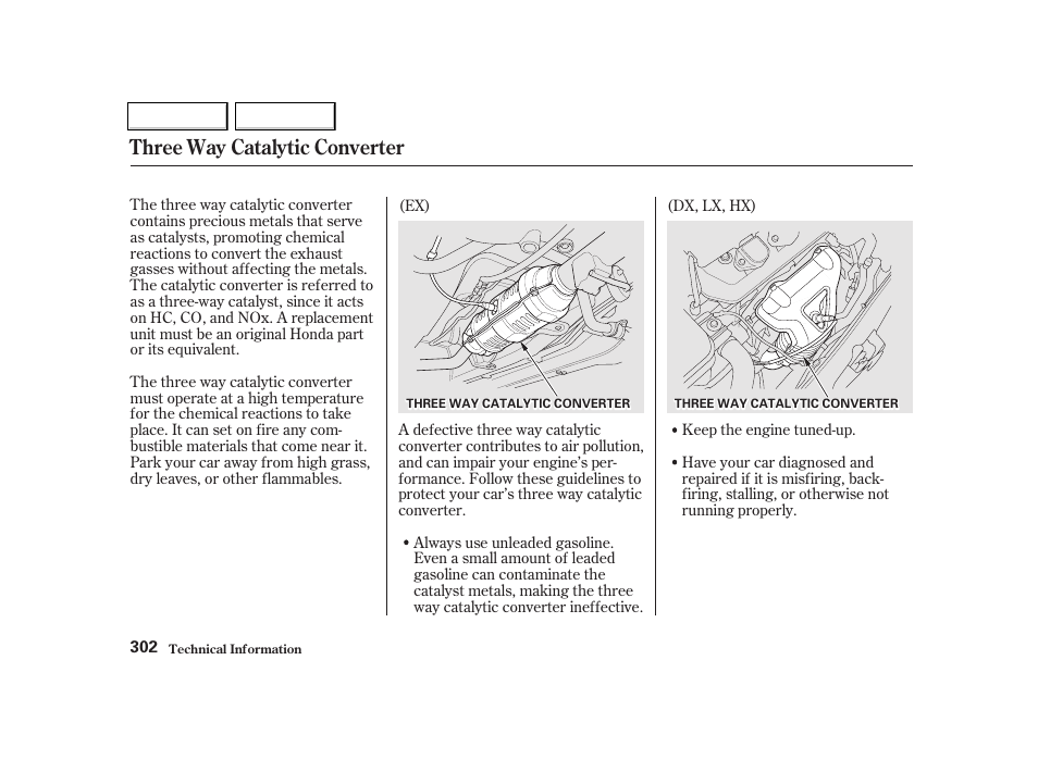 Three way catalytic converter | HONDA 2001 Civic Coupe - Owner's Manual User Manual | Page 305 / 325