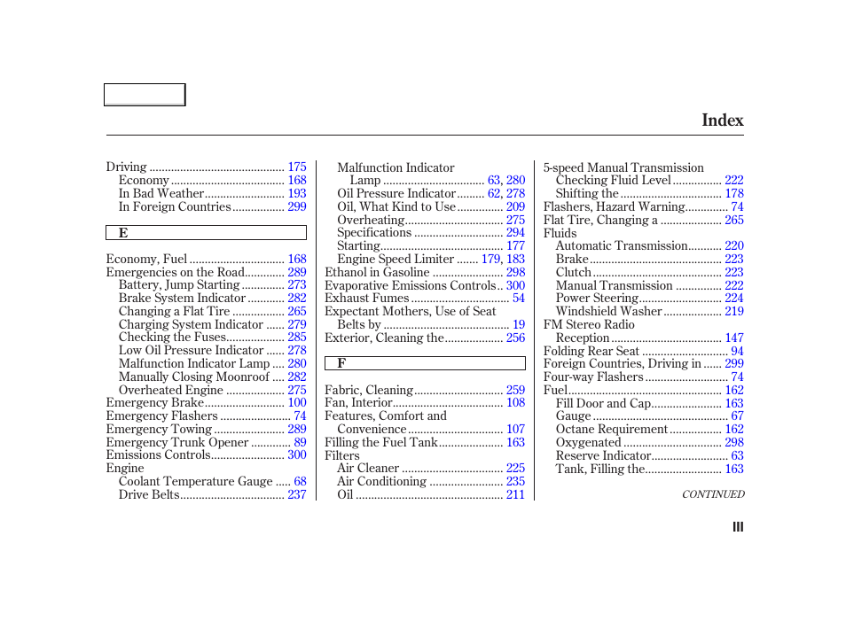 Index | HONDA 2001 Civic Coupe - Owner's Manual User Manual | Page 318 / 325