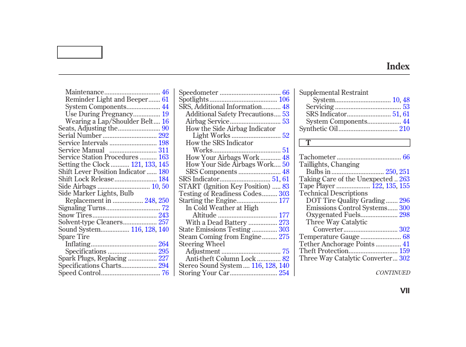 Index | HONDA 2001 Civic Coupe - Owner's Manual User Manual | Page 322 / 325