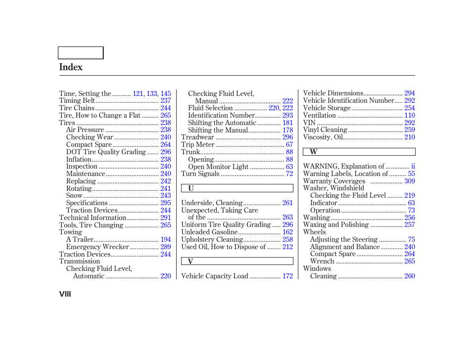 Index | HONDA 2001 Civic Coupe - Owner's Manual User Manual | Page 323 / 325