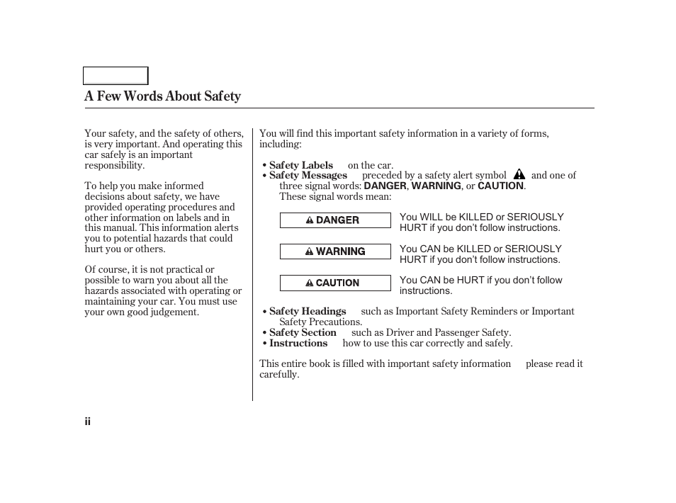 A few words about safety | HONDA 2001 Civic Coupe - Owner's Manual User Manual | Page 4 / 325