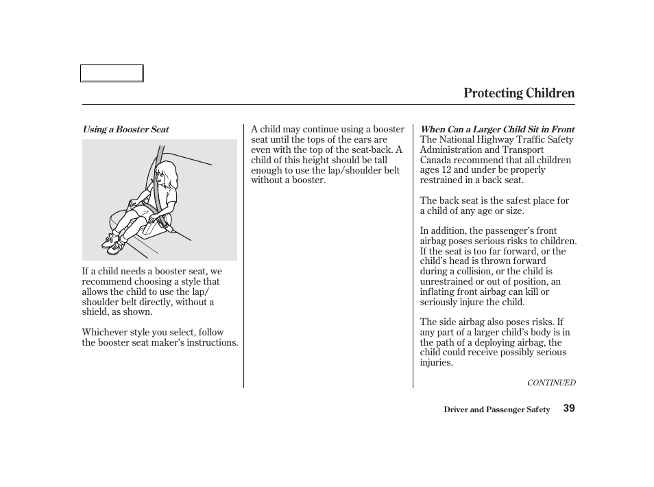 Protecting children | HONDA 2001 Civic Coupe - Owner's Manual User Manual | Page 42 / 325