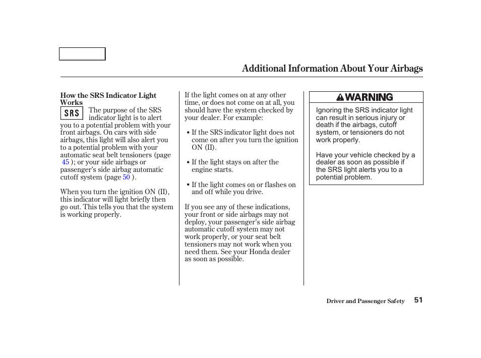 Additional information about your airbags | HONDA 2001 Civic Coupe - Owner's Manual User Manual | Page 54 / 325