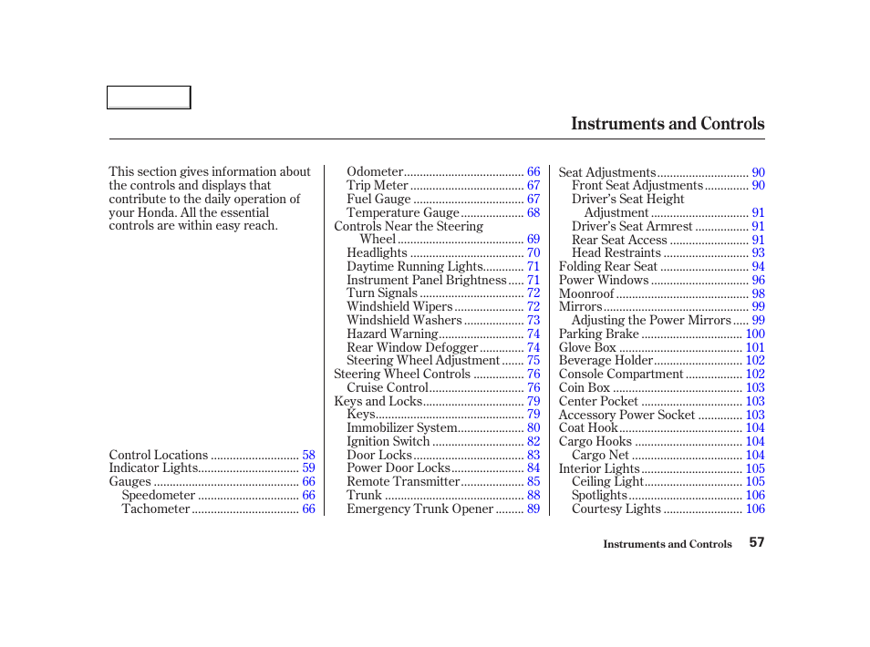 Instruments and controls | HONDA 2001 Civic Coupe - Owner's Manual User Manual | Page 60 / 325