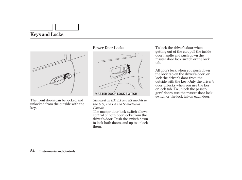 Keys and locks | HONDA 2001 Civic Coupe - Owner's Manual User Manual | Page 87 / 325