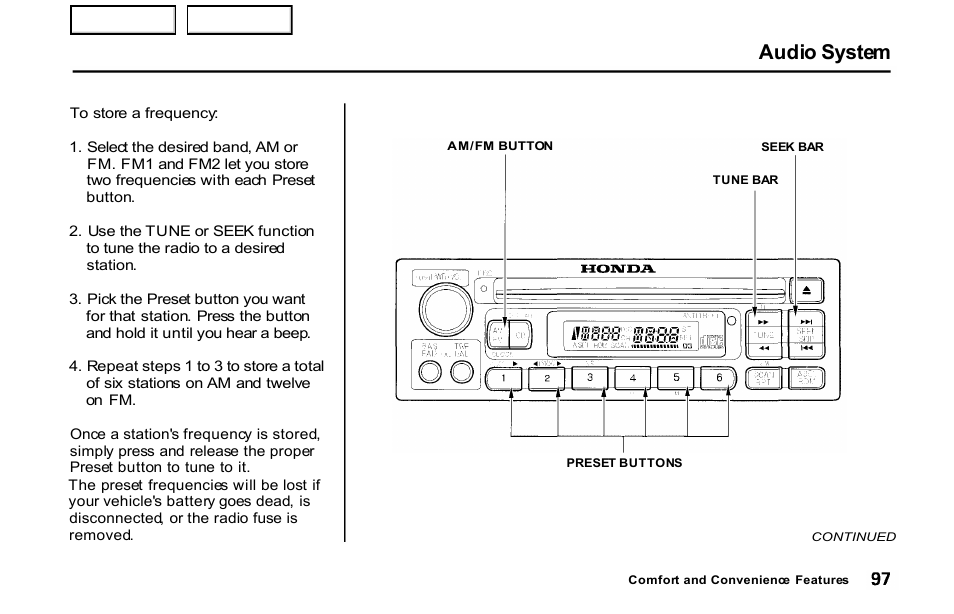 Audio system | HONDA 2001 S2000 - Owner's Manual User Manual | Page 100 / 276