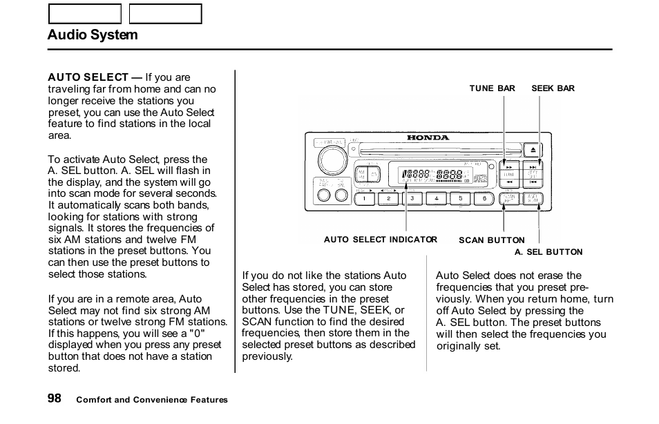 Audio system | HONDA 2001 S2000 - Owner's Manual User Manual | Page 101 / 276