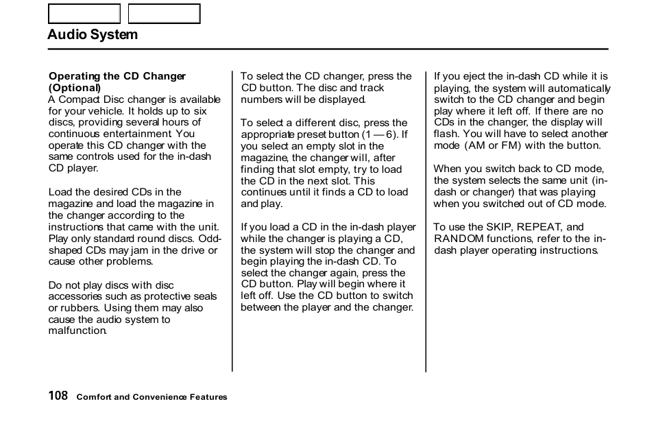 Audio system | HONDA 2001 S2000 - Owner's Manual User Manual | Page 111 / 276