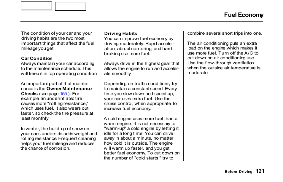 Fuel economy | HONDA 2001 S2000 - Owner's Manual User Manual | Page 124 / 276