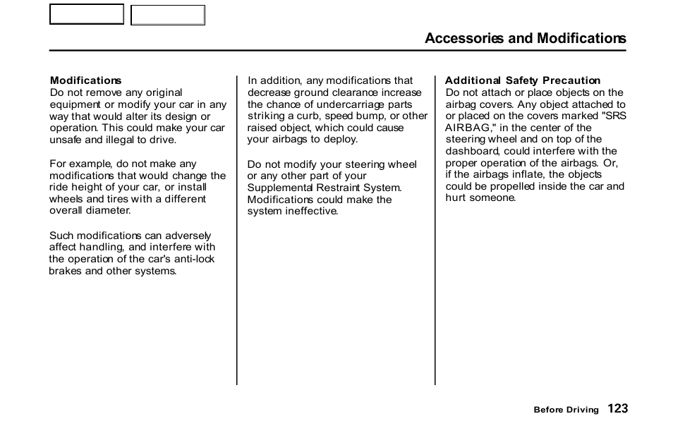 Accessories and modifications | HONDA 2001 S2000 - Owner's Manual User Manual | Page 126 / 276