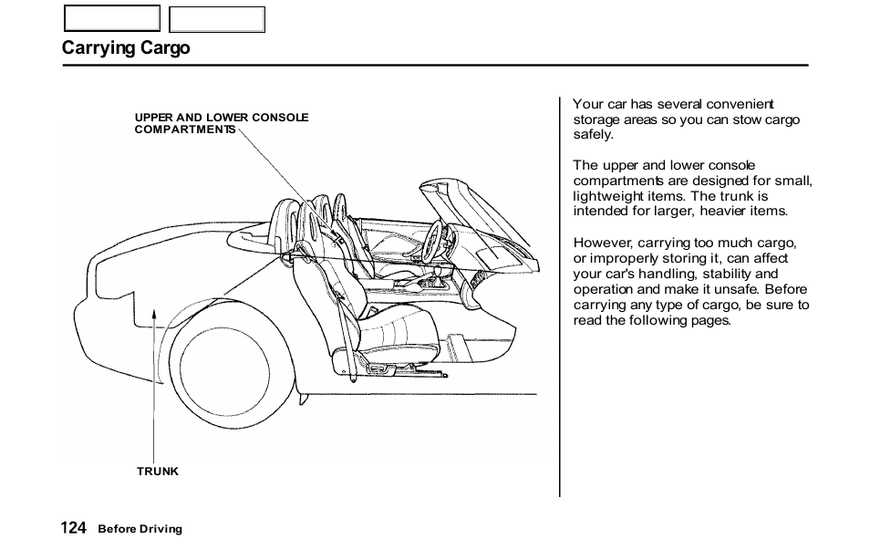 Carrying cargo | HONDA 2001 S2000 - Owner's Manual User Manual | Page 127 / 276