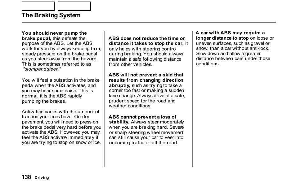 The braking system | HONDA 2001 S2000 - Owner's Manual User Manual | Page 141 / 276