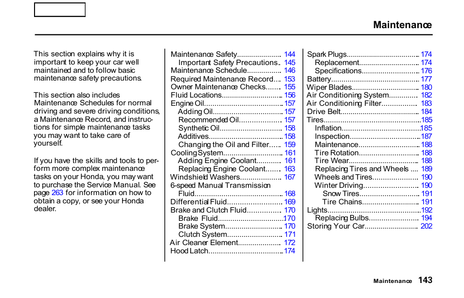 Maintenance | HONDA 2001 S2000 - Owner's Manual User Manual | Page 146 / 276