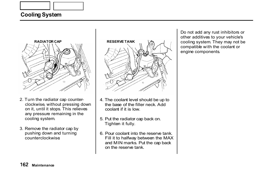 Cooling system | HONDA 2001 S2000 - Owner's Manual User Manual | Page 165 / 276
