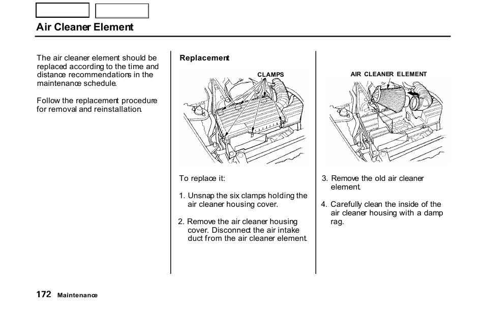 Air cleaner element | HONDA 2001 S2000 - Owner's Manual User Manual | Page 175 / 276