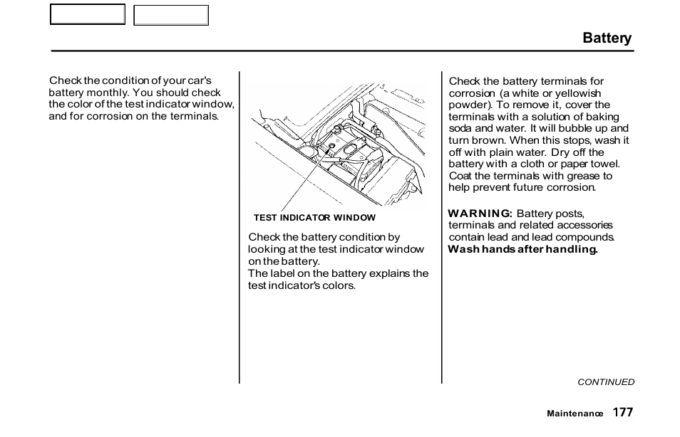 Battery | HONDA 2001 S2000 - Owner's Manual User Manual | Page 180 / 276