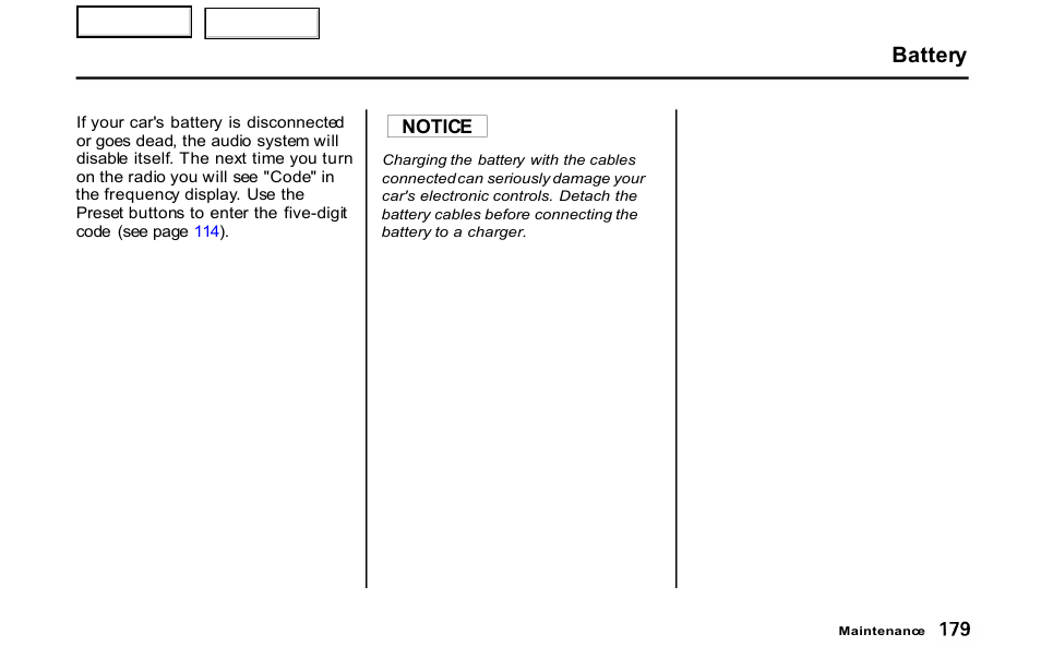 Battery, Notice | HONDA 2001 S2000 - Owner's Manual User Manual | Page 182 / 276