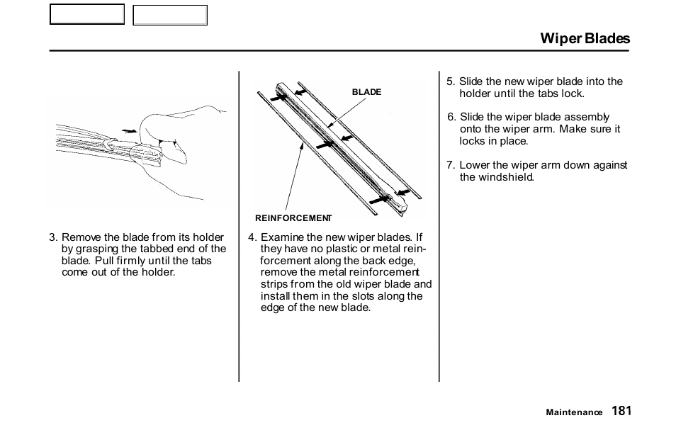 Wiper blades | HONDA 2001 S2000 - Owner's Manual User Manual | Page 184 / 276