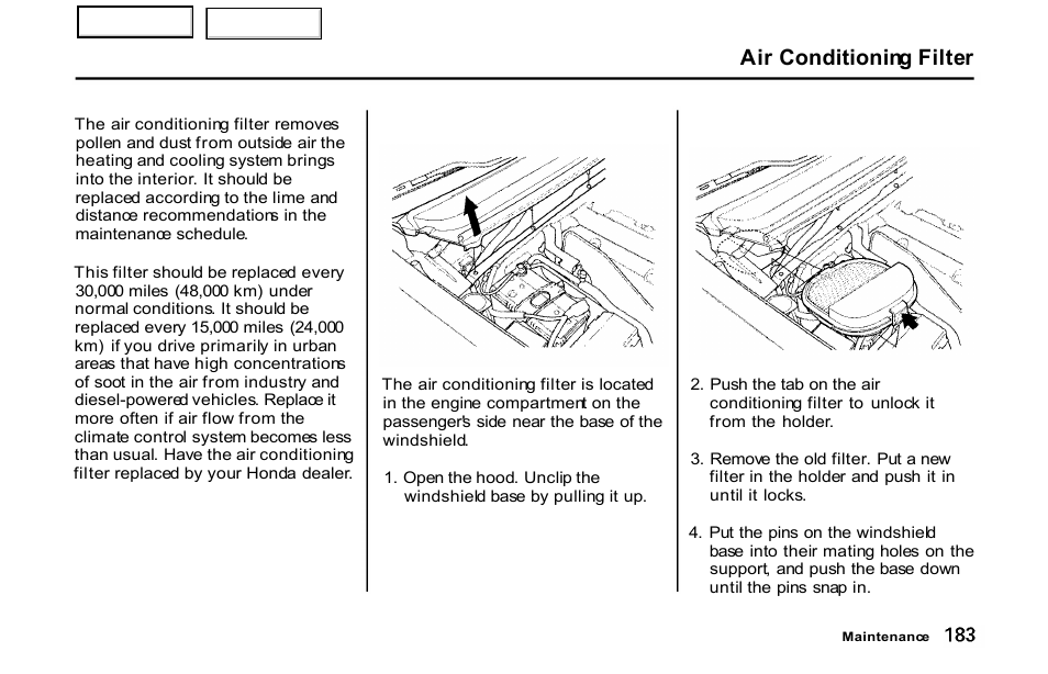 Air conditioning filter | HONDA 2001 S2000 - Owner's Manual User Manual | Page 186 / 276