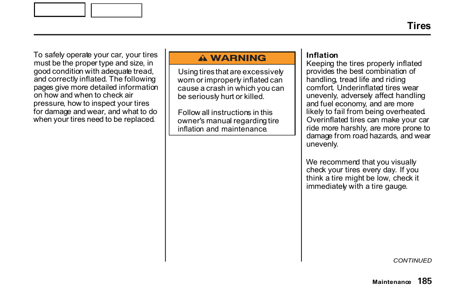 Tires, Inflation | HONDA 2001 S2000 - Owner's Manual User Manual | Page 188 / 276