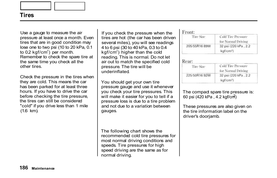 Tires | HONDA 2001 S2000 - Owner's Manual User Manual | Page 189 / 276