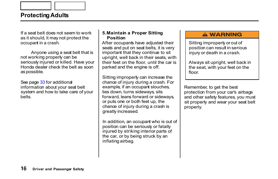 Protecting adults | HONDA 2001 S2000 - Owner's Manual User Manual | Page 19 / 276