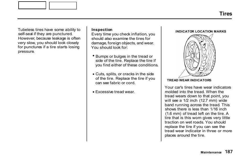 Tires | HONDA 2001 S2000 - Owner's Manual User Manual | Page 190 / 276