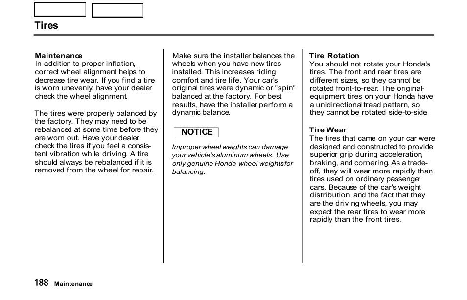 Tires | HONDA 2001 S2000 - Owner's Manual User Manual | Page 191 / 276