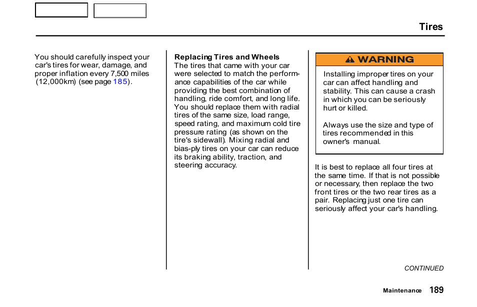 Tires | HONDA 2001 S2000 - Owner's Manual User Manual | Page 192 / 276