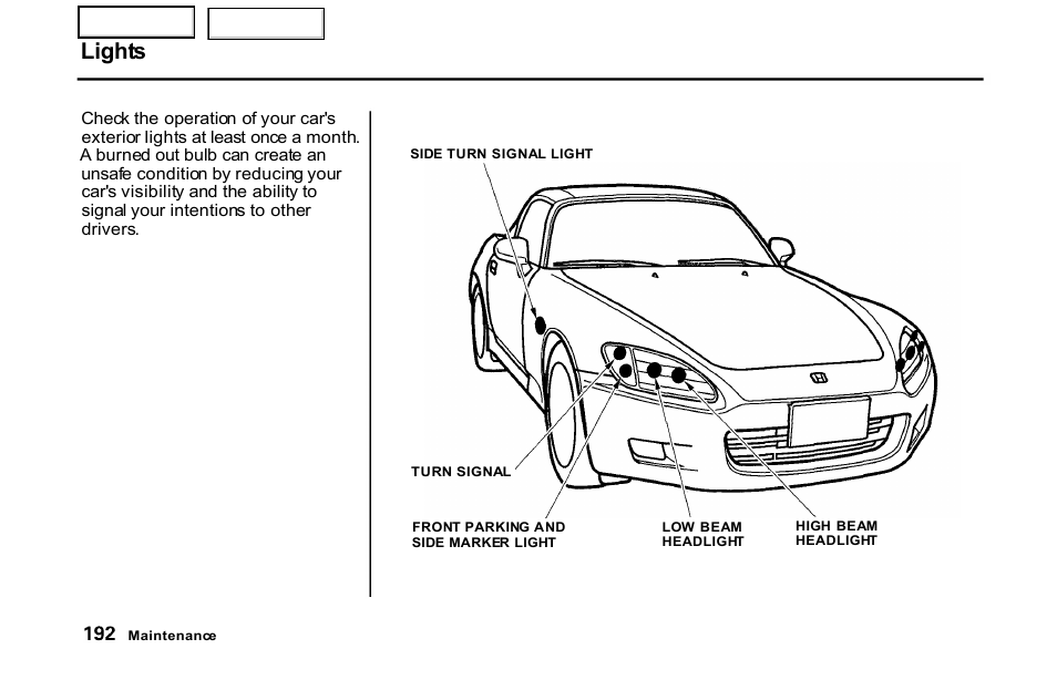 Lights | HONDA 2001 S2000 - Owner's Manual User Manual | Page 195 / 276