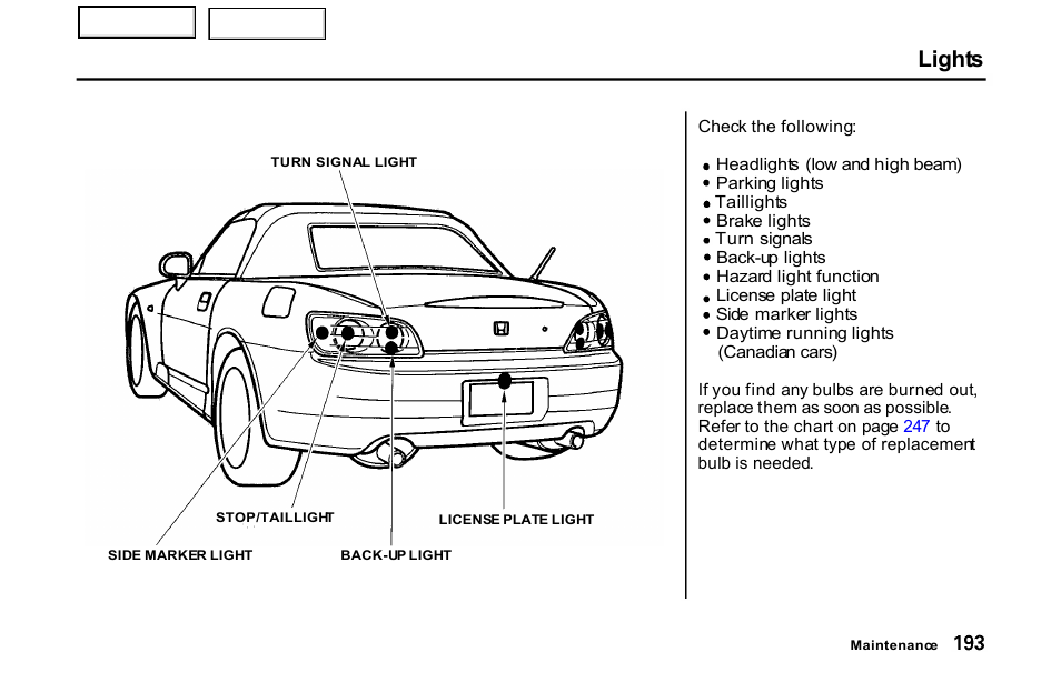 Lights | HONDA 2001 S2000 - Owner's Manual User Manual | Page 196 / 276