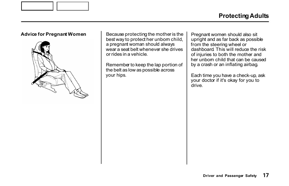 Protecting adults | HONDA 2001 S2000 - Owner's Manual User Manual | Page 20 / 276