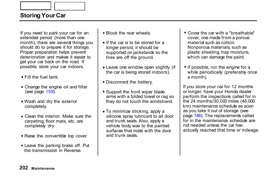 Storing your car | HONDA 2001 S2000 - Owner's Manual User Manual | Page 205 / 276