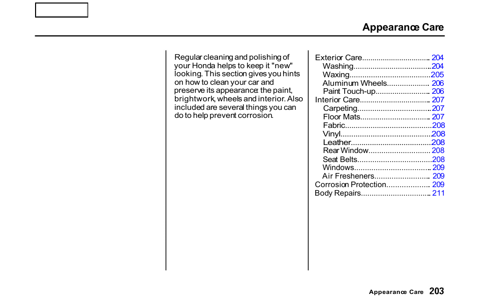 Appearance care | HONDA 2001 S2000 - Owner's Manual User Manual | Page 206 / 276