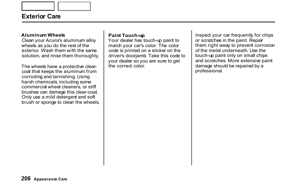 Exterior care | HONDA 2001 S2000 - Owner's Manual User Manual | Page 209 / 276