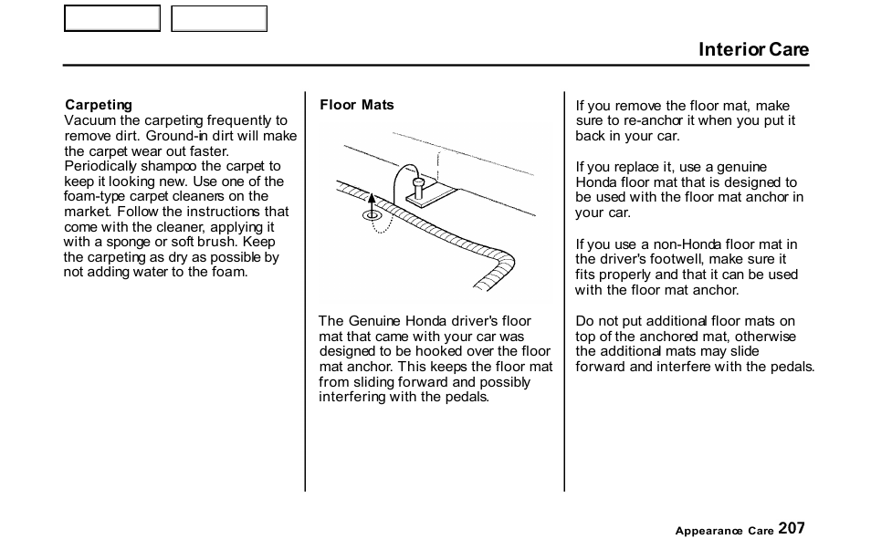 Interior care | HONDA 2001 S2000 - Owner's Manual User Manual | Page 210 / 276