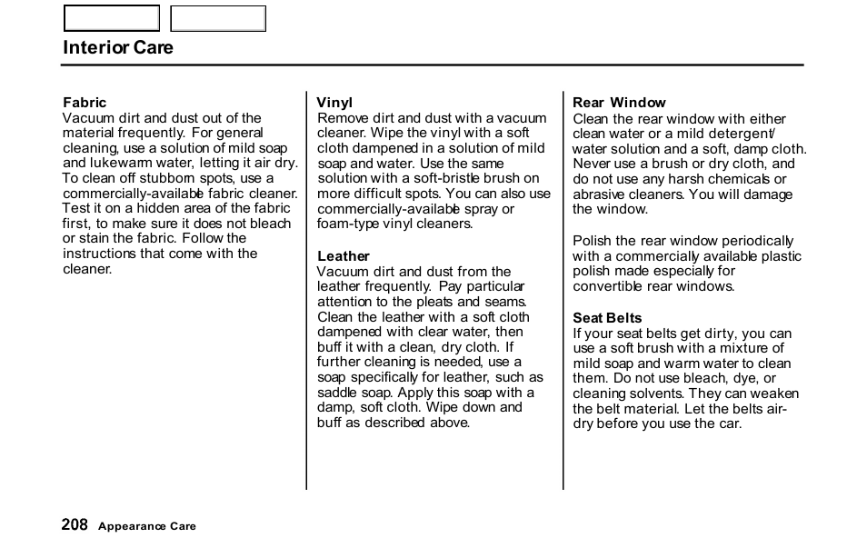 Fabric, Vinyl, Leather | Window, Belts, Interior care | HONDA 2001 S2000 - Owner's Manual User Manual | Page 211 / 276