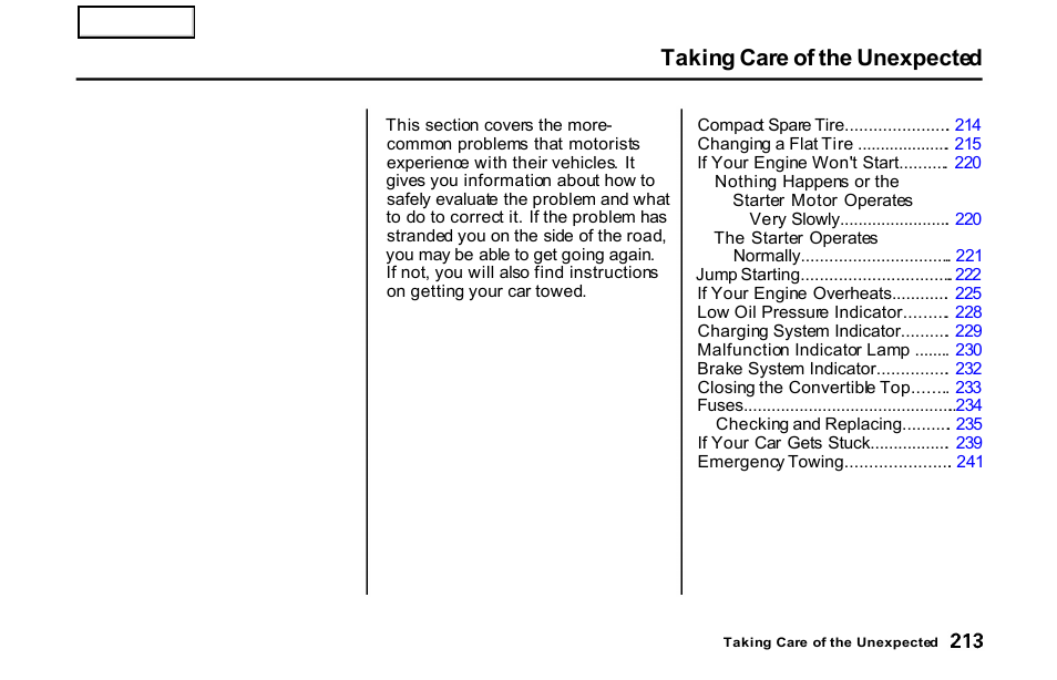 Taking care of the unexpected | HONDA 2001 S2000 - Owner's Manual User Manual | Page 216 / 276