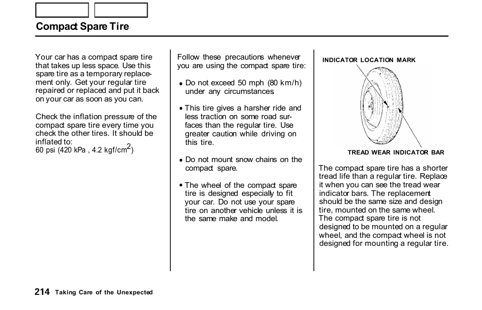 Compact spare tire | HONDA 2001 S2000 - Owner's Manual User Manual | Page 217 / 276