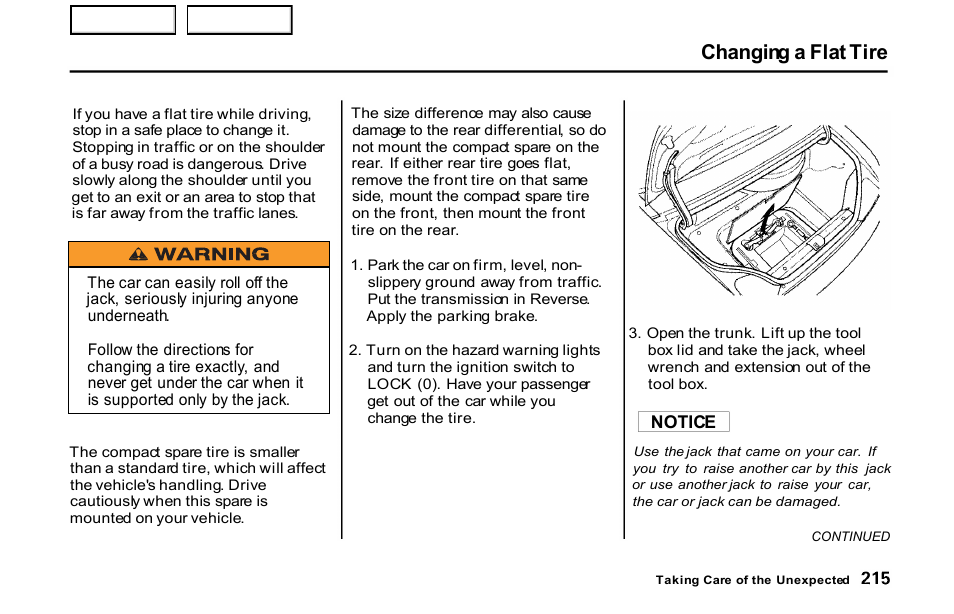 Changing a flat tire | HONDA 2001 S2000 - Owner's Manual User Manual | Page 218 / 276