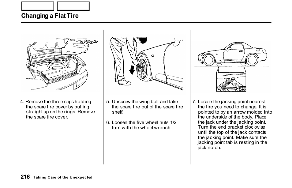 Changing a flat tire | HONDA 2001 S2000 - Owner's Manual User Manual | Page 219 / 276