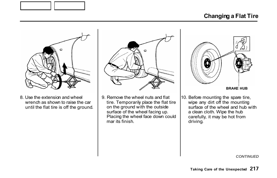 Changing a flat tire | HONDA 2001 S2000 - Owner's Manual User Manual | Page 220 / 276