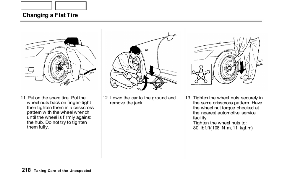 Changing a flat tire | HONDA 2001 S2000 - Owner's Manual User Manual | Page 221 / 276