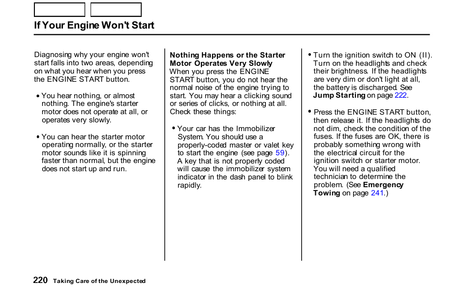 If your engine won't start | HONDA 2001 S2000 - Owner's Manual User Manual | Page 223 / 276