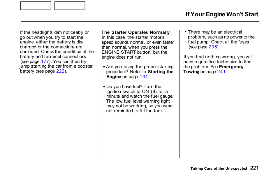 If your engine won't start | HONDA 2001 S2000 - Owner's Manual User Manual | Page 224 / 276