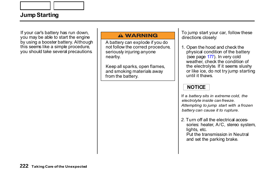 Jump starting | HONDA 2001 S2000 - Owner's Manual User Manual | Page 225 / 276