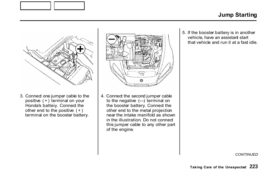 Jump starting | HONDA 2001 S2000 - Owner's Manual User Manual | Page 226 / 276