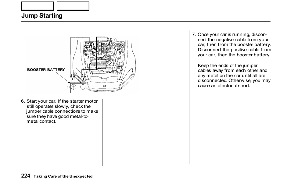 Jump starting | HONDA 2001 S2000 - Owner's Manual User Manual | Page 227 / 276