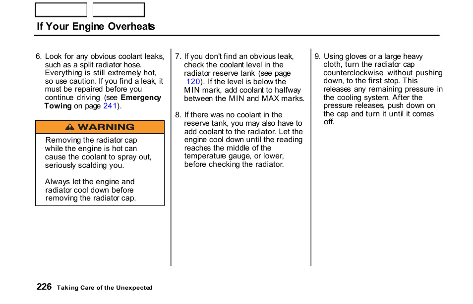 If your engine overheats | HONDA 2001 S2000 - Owner's Manual User Manual | Page 229 / 276