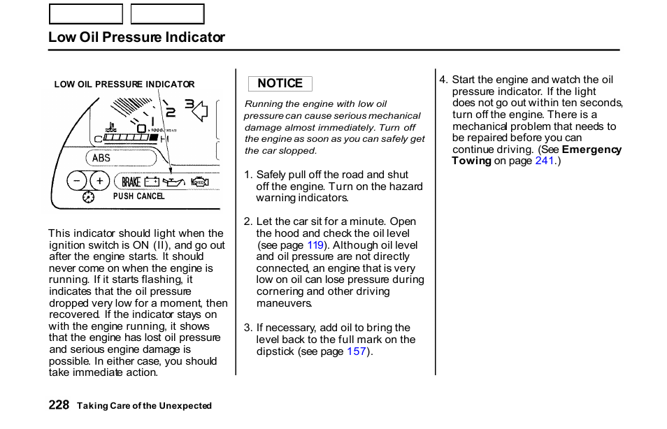 Low oil pressure indicator | HONDA 2001 S2000 - Owner's Manual User Manual | Page 231 / 276